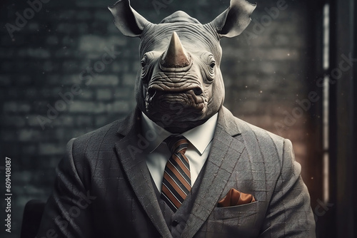 Portrait of a Rhinoceros dressed in a formal business suit, The Elegant Boss Rhinoceros, generative AI
