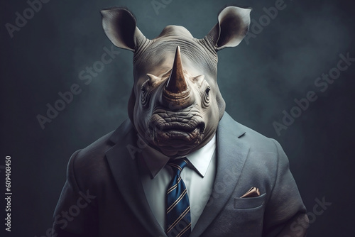 Portrait of a Rhinoceros dressed in a formal business suit, The Elegant Boss Rhinoceros, generative AI