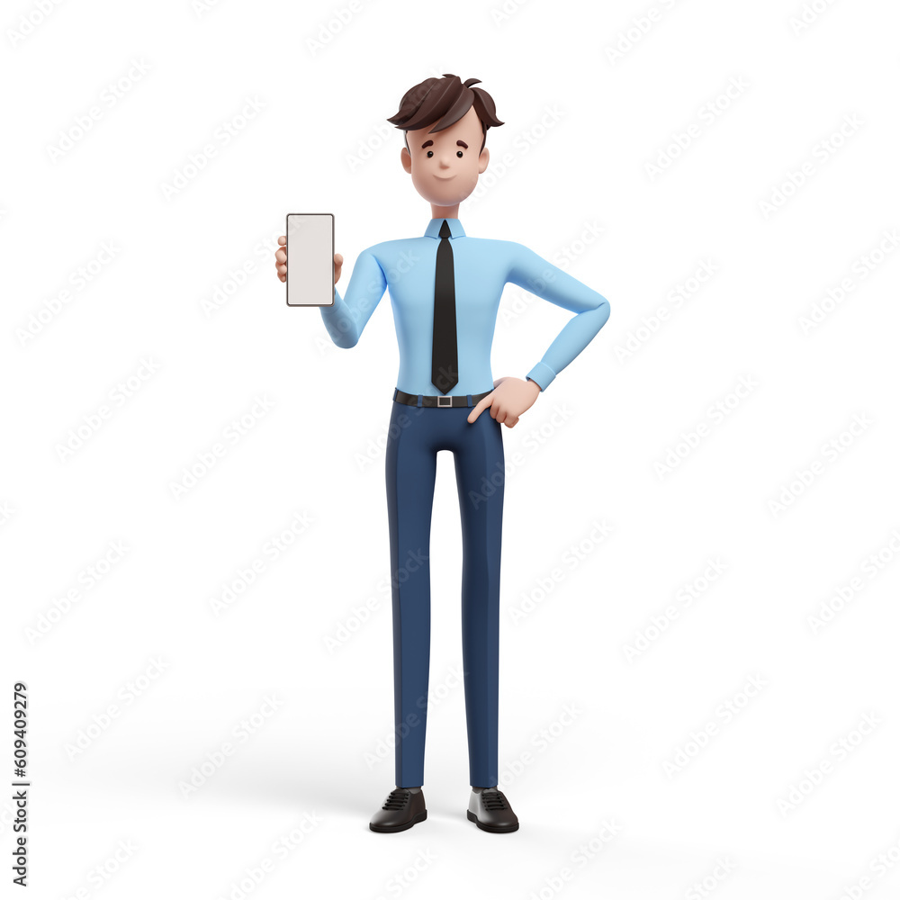 3D business man showing phone. Portrait of a funny cartoon guy in a shirt and tie. Character manager, director, agent, realtor. 3D illustration on white background. 3D business man showing phone. Portrait of a funny cartoon guy in a shirt and tie. Character manager, director, agent, realtor. 3D illustration on white background.