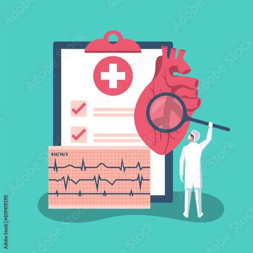 Cardiology concept. Cardiologist doctor holds a magnifying glass in the hands, looks cardiogram. Red heartbeat with life line, symbol healthcare. Medical background. Vector illustration flat design.