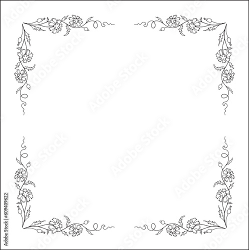 Black and white vegetal ornamental frame with blue cornflowers, decorative border, corners for greeting cards, banners, business cards, invitations, menus. Isolated vector illustration.