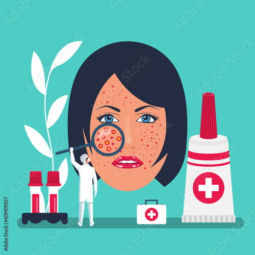 A dermatologist examines infected skin faces. Cosmetology or dermatology landing page. Woman's face with acne and diseases. Cosmetic care. Rash on the skin. Vector illustration flat design.