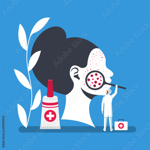 A dermatologist examines infected skin faces. Cosmetology or dermatology landing page. Woman's face with acne and diseases. Cosmetic care. Rash on the skin. Vector illustration flat design.