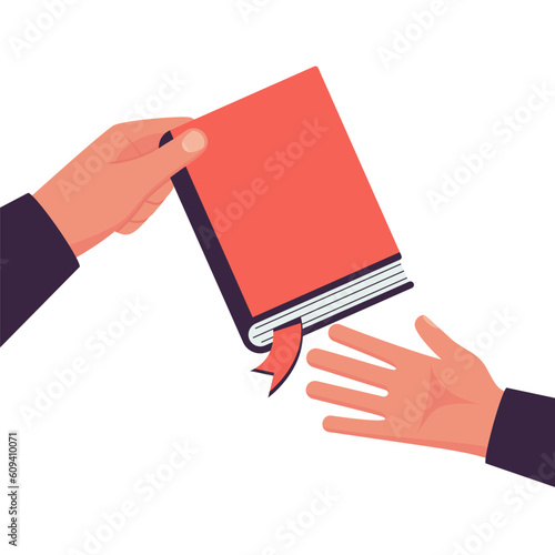 Book in hand. People pass the book to hand. Education and reading new literature. Vector illustration flat design. Isolated on white background.