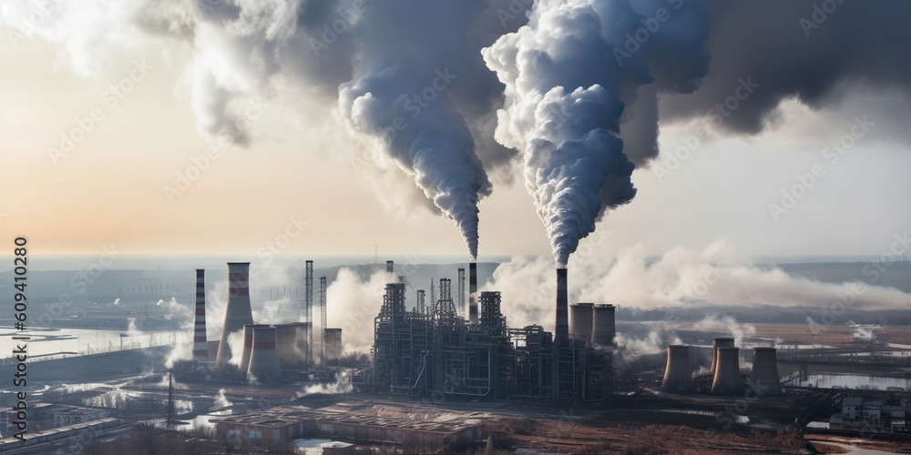 A factory billows black smoke into the atmosphere, a visual reminder of the industrial waste problem, concept of Environmental pollution, created with Generative AI technology A factory billows black smoke into the atmosphere, a visual reminder of the industrial waste problem, concept of Environmental pollution, created with Generative AI technology