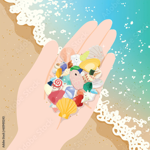 Illustration of pebbles and seashells picked up in the sparkling sea