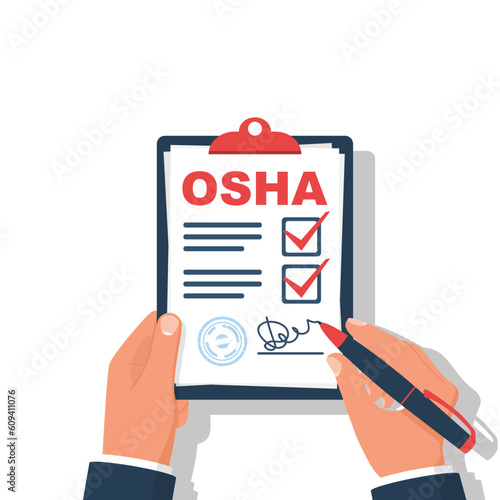 OSHA concept. A professional inspector fills out a form safety regulations. Clipboard and pen in hand. Vector illustration flat design. Isolated on white background.