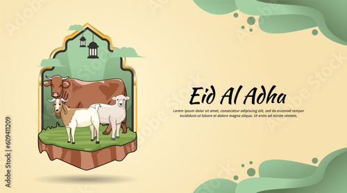 Happy eid al adha banner template design with cow sheep and goat vector design photo