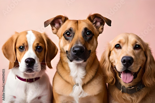 an adorable group of dogs, set against a soft pink background