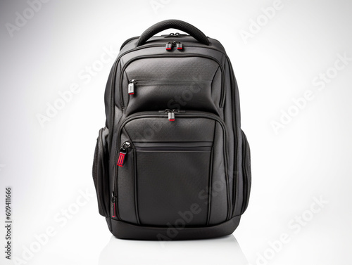 Black executive backpack isolated on plain color background. Made of high quality fabric and pvc. Has many compartments to put essentials.