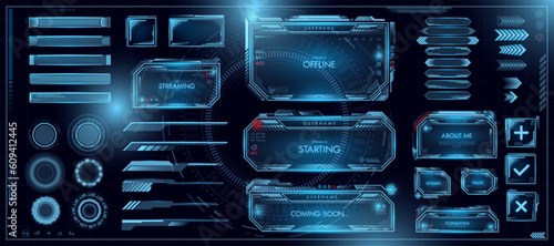 Futuristic game interface, hud holograms collection. Ui space frame, scifi button monitor or panel, frames and buttons, digital science menu. Blue glowing elements. Vector illustration template