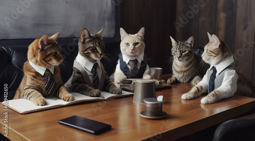 Cat meet, cats wearing suits gathered around a table having a business meeting. Generative AI.