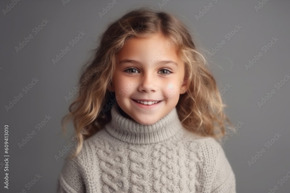 Portrait of a smiling little girl in a sweater on a gray background Portrait of a smiling little girl in a sweater on a gray background