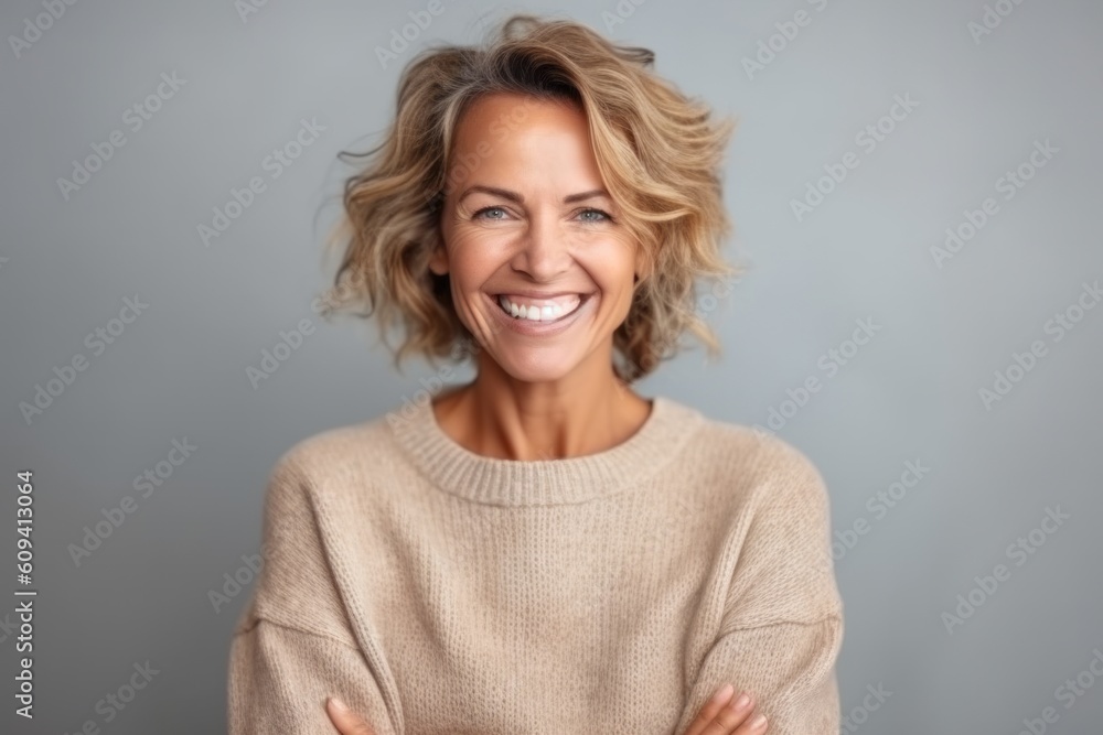 Close up portrait of a beautiful middle aged woman with blond hair smiling at the camera over gray background Close up portrait of a beautiful middle aged woman with blond hair smiling at the camera over gray background