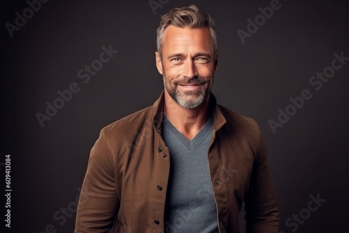 Medium shot portrait photography of a satisfied man in his 40s that is wearing a chic cardigan against a minimalist or empty room background . Generative AI