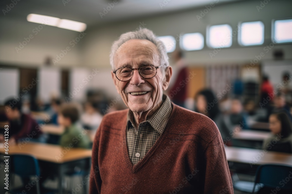 Medium shot portrait photography of a grinning man in his 90s that is wearing a pair of leggings or tights against a classroom or educational setting background . Generative AI Medium shot portrait photography of a grinning man in his 90s that is wearing a pair of leggings or tights against a classroom or educational setting background . Generative AI