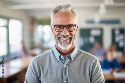 Portrait of mature teacher smiling at camera in classroom during lesson in college
