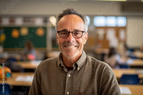 Portrait of mature male teacher smiling at camera while standing in classroom
