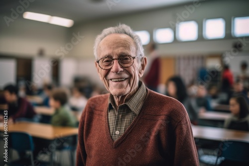Medium shot portrait photography of a grinning man in his 90s that is wearing a pair of leggings or tights against a classroom or educational setting background . Generative AI