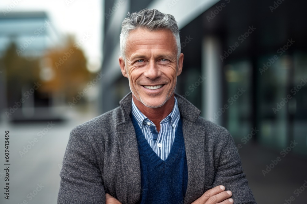 Naklejka premium Portrait of smiling mature man standing with arms crossed in city street