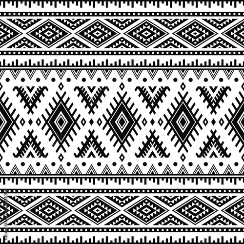 Abstract ethnic geometric background illustration design. Black and white colors. Seamless pattern of Aztec tribal. Design for textile, fabric, clothing, curtain, rug, ornament, wrapping, wallpaper.