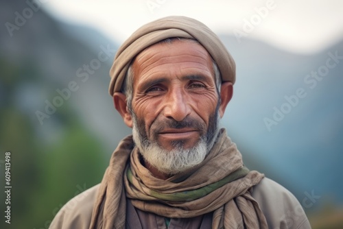 Portrait of a senior man with beard and mustache in the mountains