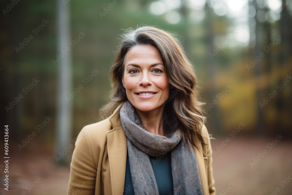 Portrait of happy mature woman smiling at camera in autumnal park