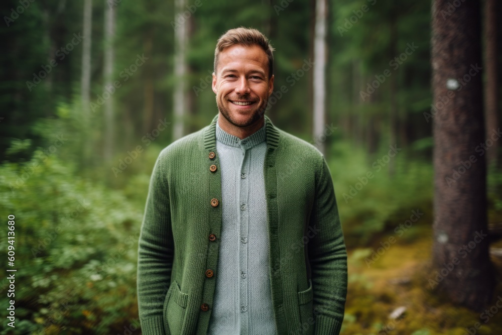 Portrait of a smiling man in a green sweater standing in a forest Portrait of a smiling man in a green sweater standing in a forest