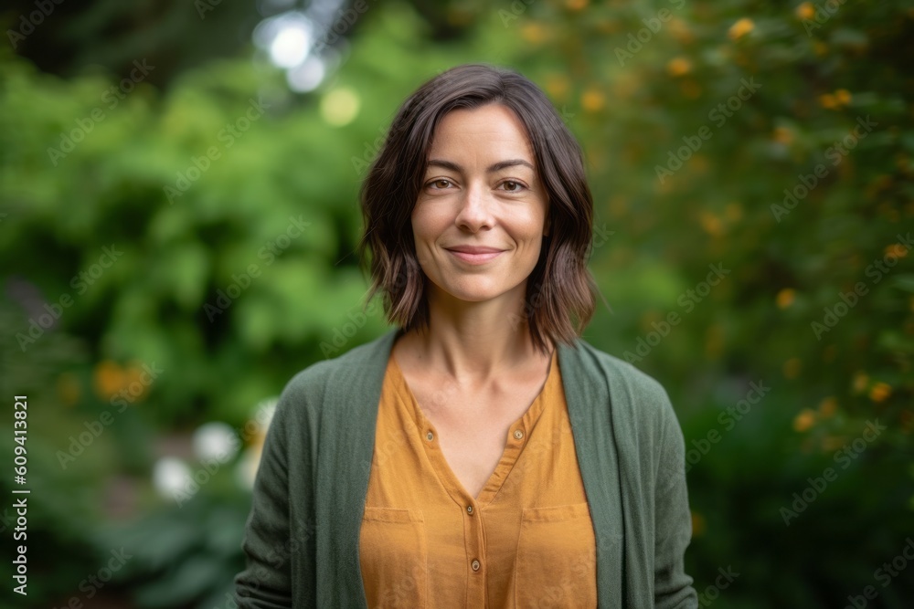 Portrait of a beautiful woman smiling in the garden on a sunny day Portrait of a beautiful woman smiling in the garden on a sunny day