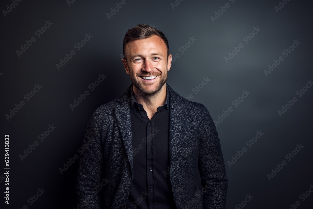 Medium shot portrait photography of a grinning man in his 30s that is wearing a chic cardigan against a minimalist or empty room background . Generative AI Medium shot portrait photography of a grinning man in his 30s that is wearing a chic cardigan against a minimalist or empty room background . Generative AI