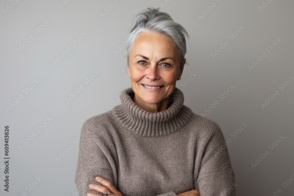 Portrait of smiling senior woman with grey hair wearing sweater looking at camera with folded arms Portrait of smiling senior woman with grey hair wearing sweater looking at camera with folded arms
