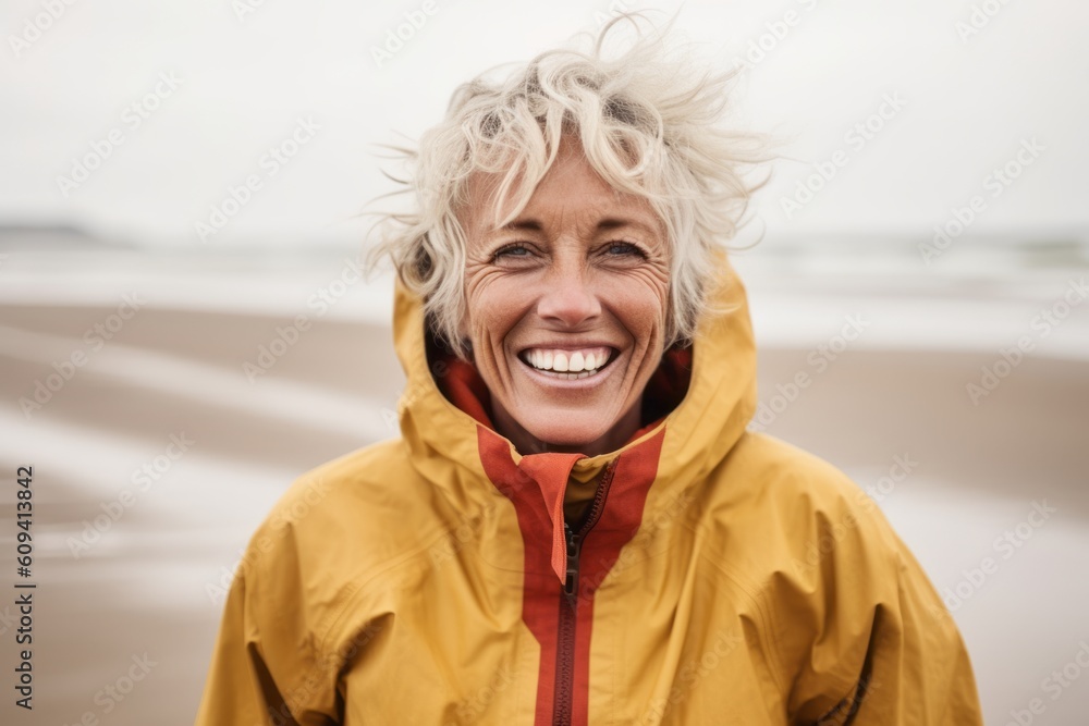 Portrait of happy senior woman in yellow jacket smiling at camera on beach Portrait of happy senior woman in yellow jacket smiling at camera on beach