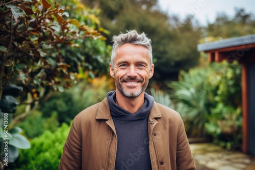Portrait of handsome mature man smiling at camera while standing in garden