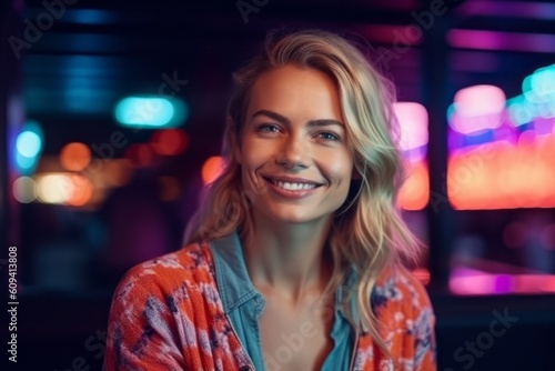 Portrait of a smiling young woman with blond hair in a night club