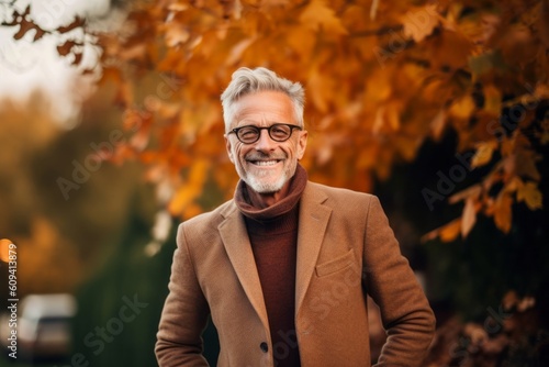 Portrait of a happy senior man in a coat and glasses standing in the autumn park.