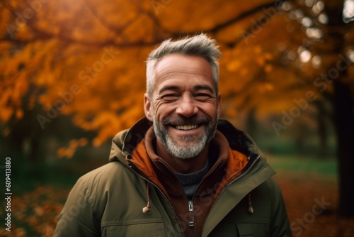 Portrait of a smiling senior man standing in the autumn park.