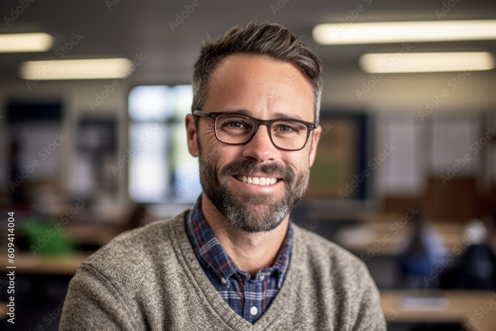 Portrait of a handsome mature man smiling in an office. He is wearing glasses. Portrait of a handsome mature man smiling in an office. He is wearing glasses.