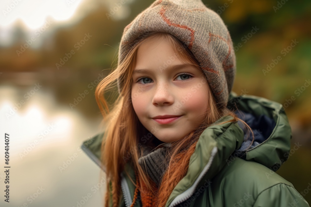 Portrait of a cute little girl in a warm hat and green jacket. Portrait of a cute little girl in a warm hat and green jacket.