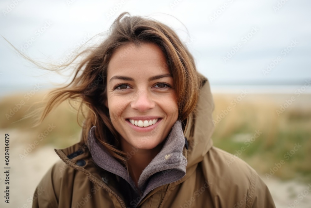 Portrait of a beautiful young woman smiling on the beach in autumn Portrait of a beautiful young woman smiling on the beach in autumn