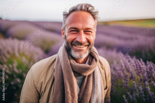Mature man standing in lavender field, smiling and looking at camera