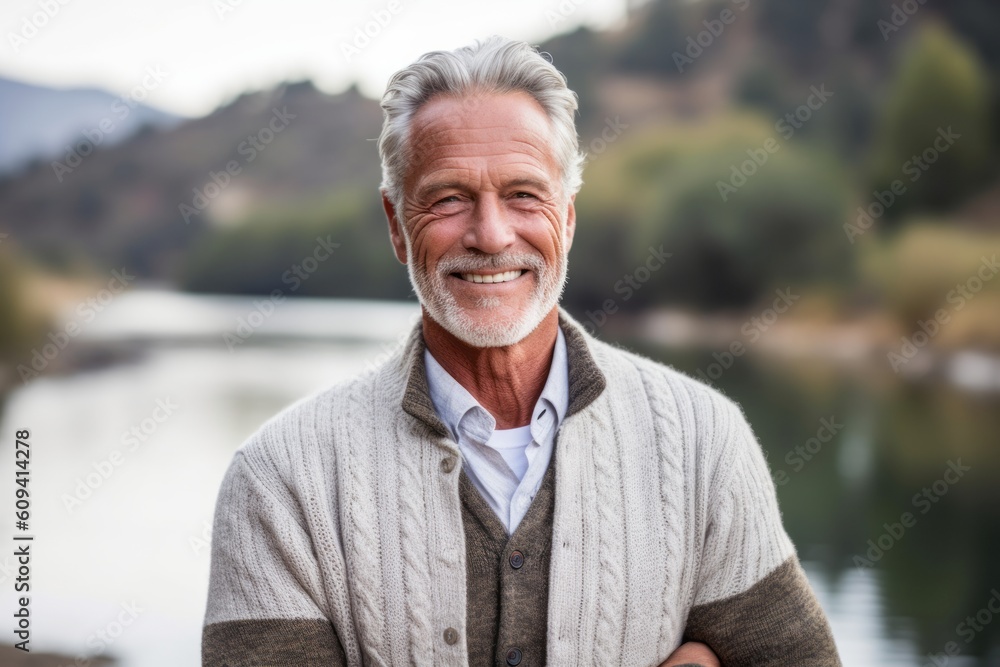 Portrait of senior man smiling at camera while standing by lake in park Portrait of senior man smiling at camera while standing by lake in park