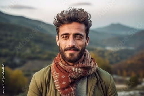 Portrait of a handsome young man with a beard in the mountains