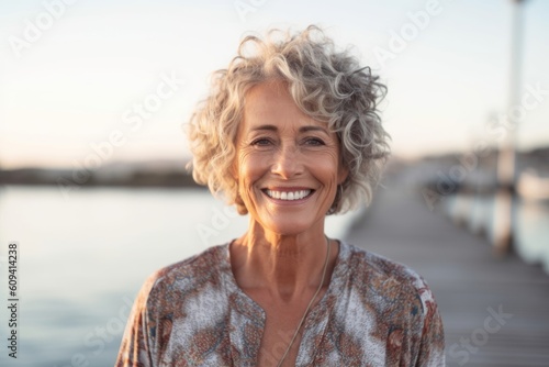 Portrait of smiling mature woman standing on pier at beach during sunset