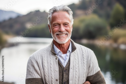 Portrait of senior man smiling at camera while standing by lake in park © Robert MEYNER