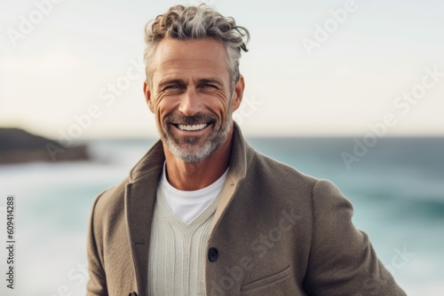 Handsome mature man smiling and looking at camera on the beach