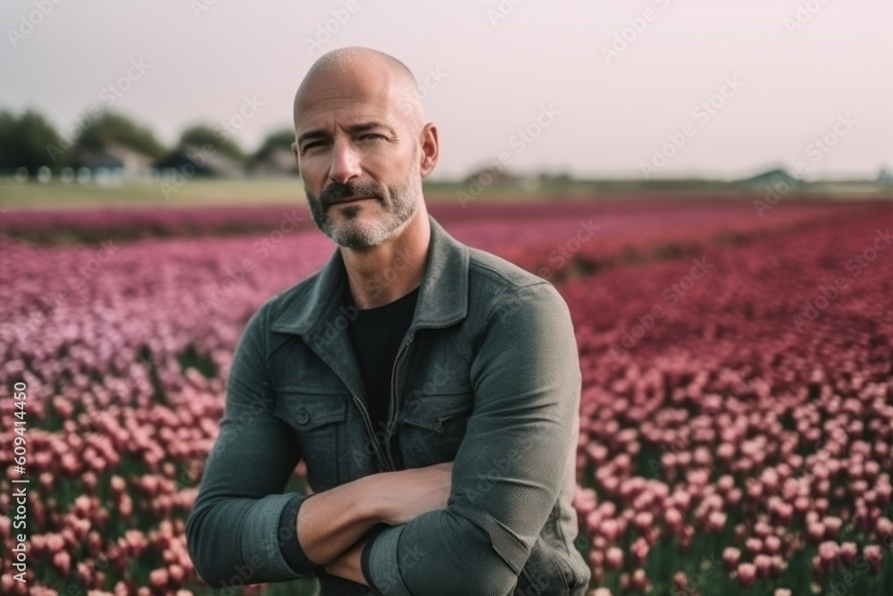 Portrait of a handsome bald man standing in a field of pink tulips Portrait of a handsome bald man standing in a field of pink tulips
