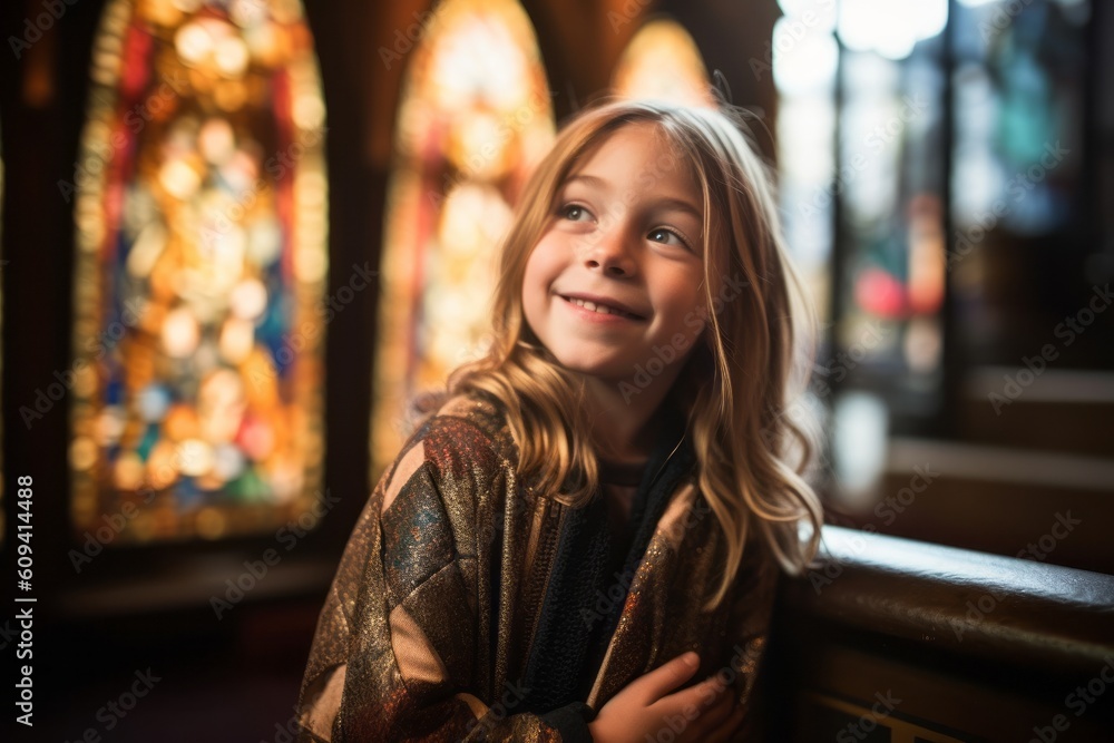 Portrait of a smiling little girl in a catholic church.