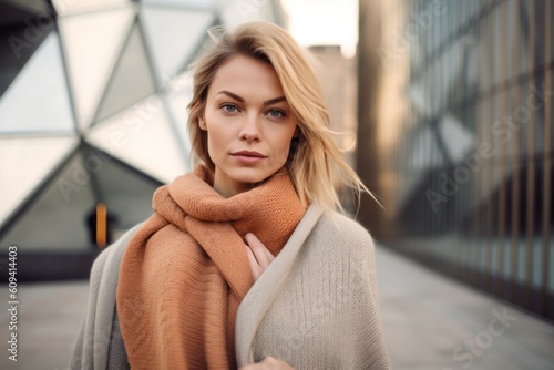 Portrait of a beautiful young woman in a beige coat and scarf on the street.