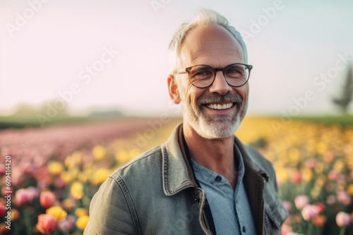 Portrait of smiling senior man standing in tulip field at sunset © Robert MEYNER