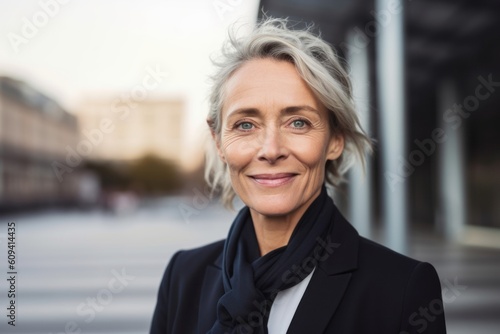 Portrait of senior businesswoman smiling at camera while standing in city